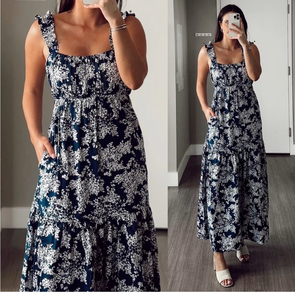 Abercrombie & Fitch Bow Back Poplin Maxi Dress Navy Floral Medium Tall
